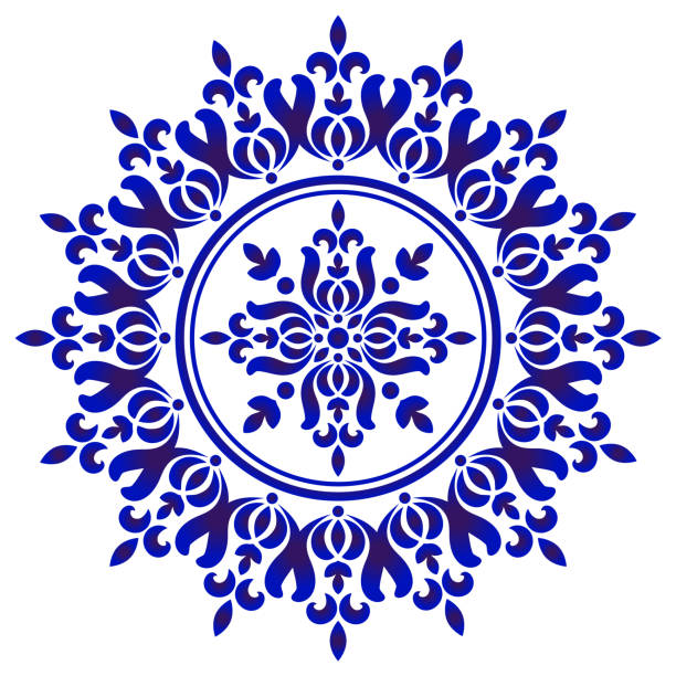 niebieski i biały kwiatowy dekoracyjny - white pottery textured circle stock illustrations