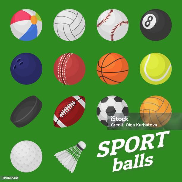 Ball Game Set Sport And Games Kids Ball For Volleyball Baseball Tennis Football Soccer Bambinton Hockey Balls Vector Collection Stock Illustration - Download Image Now