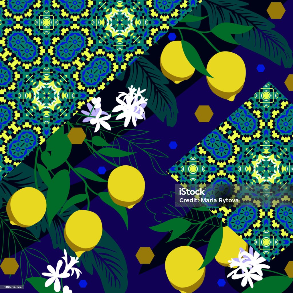 Silk scarf with geometric motif and lemons Abstract stock vector
