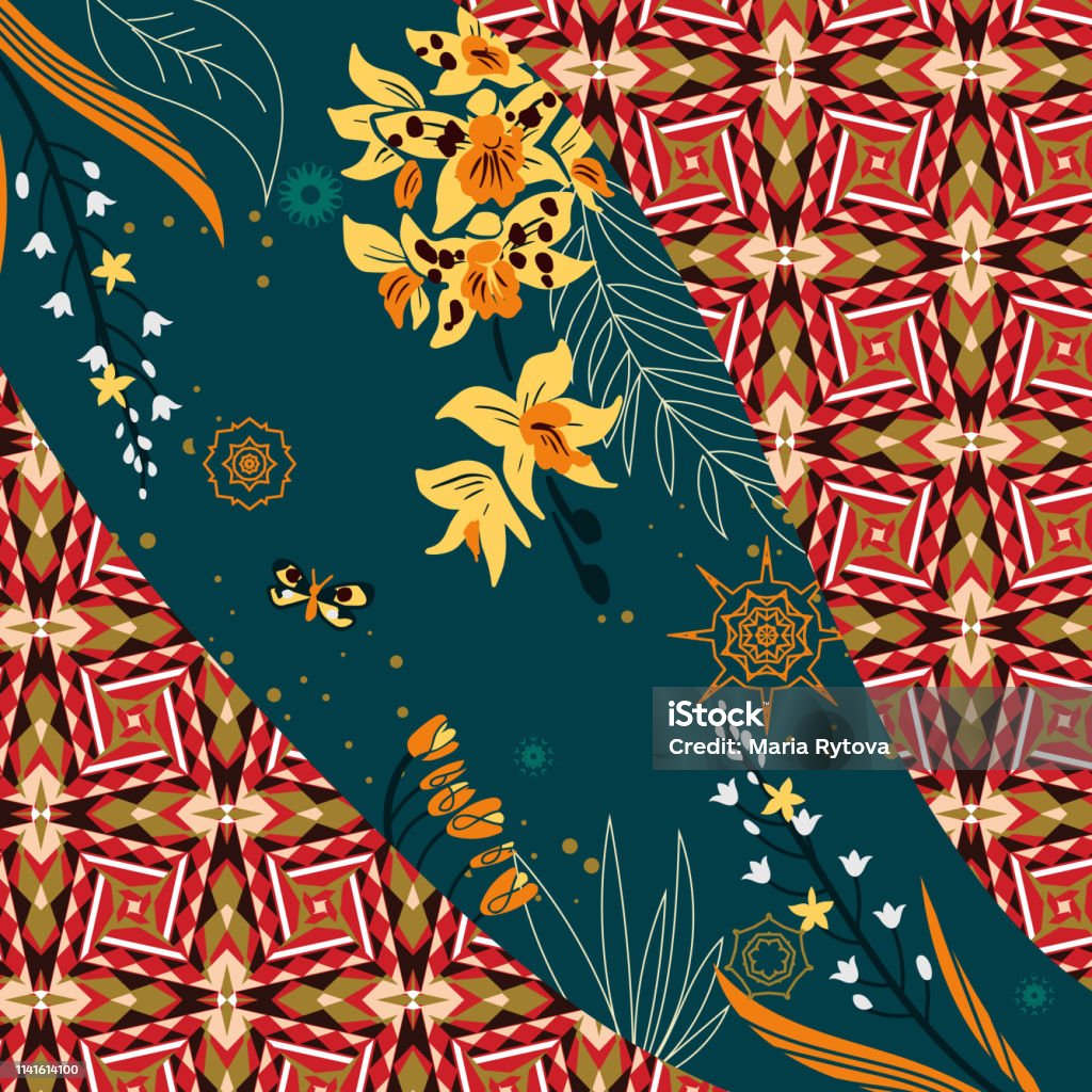 Tropical silk scarf with geometric motif Abstract stock vector