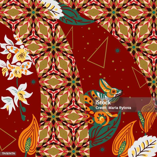 Tropical Silk Scarf With Geometric Motif Stock Illustration - Download Image Now - Pattern, Vector, Floral Pattern