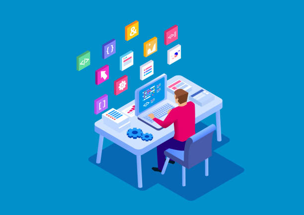 Working programmer Working programmer computer programming desk stock illustrations