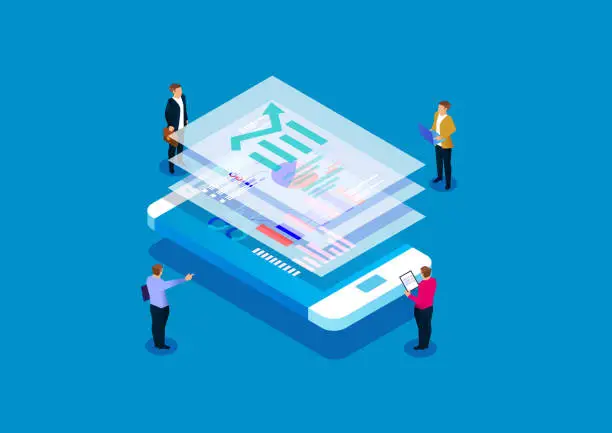 Vector illustration of Business people analyze statistics on mobile phone data charts, data visualization