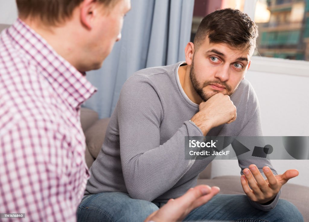 Friendship Man Problem Man Discussing Problems With Friend On Sofa Stock Photo - Download ...