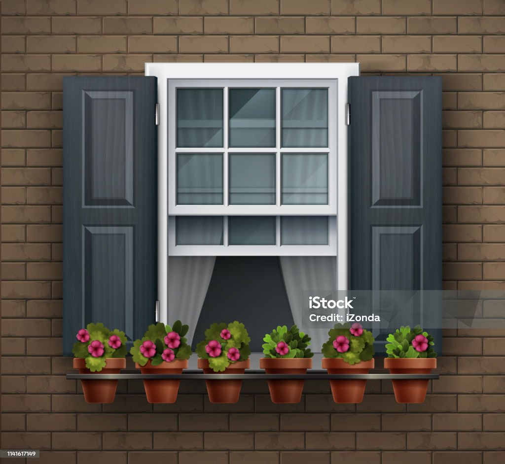 Window With Flower Pots On A Wall Cartoon House Element Close Up View Of  Nice White Framed Window With Flowers Stock Illustration - Download Image  Now - iStock