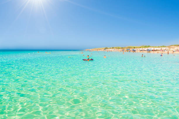Pescoluse, Italy - July 23, 2017: Amazing sea and beach at Pescoluse, the Maldives of Salento, Puglia, Italy.