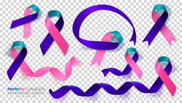 Thyroid Cancer Awareness Month. Teal and Pink and Blue Color Ribbon Isolated On Transparent Background. Vector Design Template For Poster. Thyroid Cancer Awareness Month. Teal and Pink and Blue Color Ribbon Isolated On Transparent Background. Vector Design Template For Poster. Illustration. thyroid disease stock illustrations