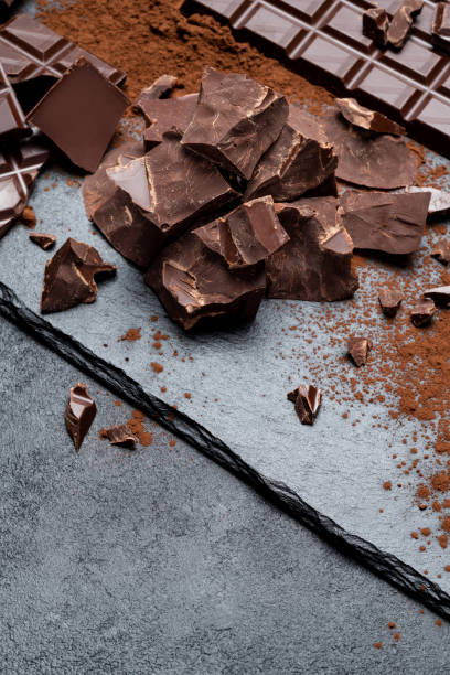 istock Dark or milk organic chocolate pieces on dark concrete backgound 1141624928