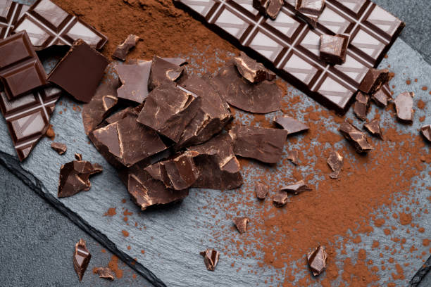 istock Dark or milk organic chocolate pieces on dark concrete backgound 1141624933