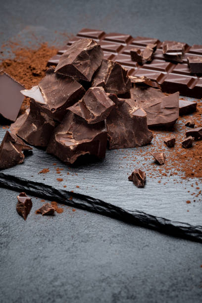 istock Dark or milk organic chocolate pieces on dark concrete backgound 1141624944