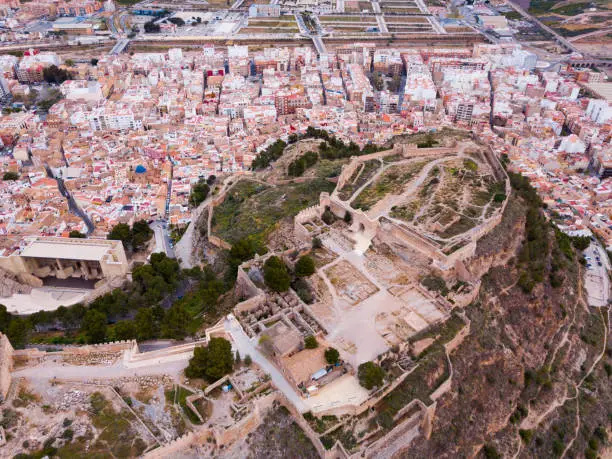 Photo of Panoramic view from drone of the castle Sagunto in summer. Valencian Community, Spain