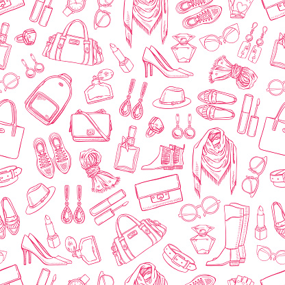 Cute seamless background of female clothing, shoes and accessories. Hand-drawn illustration