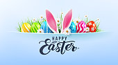 istock Happy Easter greeting card poster and template with Easter Eggs and flower on blue.Greetings and presents for Easter Day.Promotion and shopping template for Easter Day.Vector illustration EPS10 1141626898