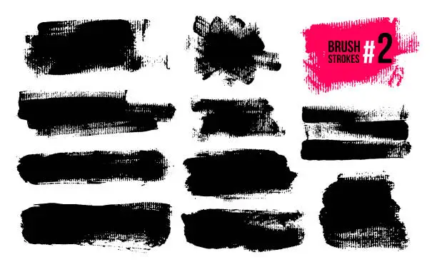 Vector illustration of Set Of Black Brush Strokes, Paint, Ink, Grunge, Brushes, Lines. Dirty Artistic Elements, Boxes, Frames. Freehand Drawing. Vector Illustration. Isolated On White Background.