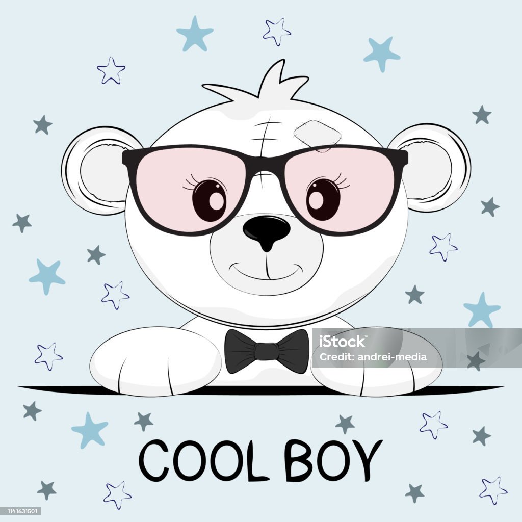 Cute little bear with glasses. Greeting card. Cute little bear with glasses. Greeting card.  Illustration for print on t-shirt. Animal stock vector