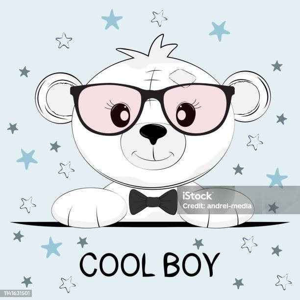 Cute Little Bear With Glasses Greeting Card Stock Illustration - Download Image Now - Animal, Animal Body Part, Animal Head