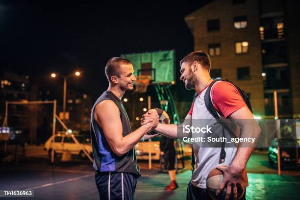 Streetball Friends Handshake After Game Stock Photo - Download Image Now - Basketball - Sport, Handshake, Basketball - Ball