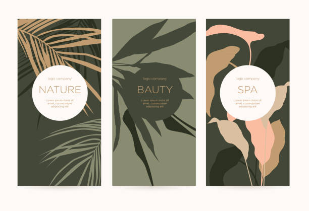 A set of minimalistic templates with natural floral elements for packaging and decoration of cosmetic products, beauty salons and spa. Silhouette of palm tree leaves, olive and lily. Vector. gold metal silhouettes stock illustrations