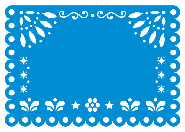Papel Picado vector template design in blue with no text, Mexican paper decoration with flowers and geometric shapes - greeting card or invitation Traditional ornamental banner form Mexico, Cut out floral retro composition isolated on white papel picado illustrations stock illustrations