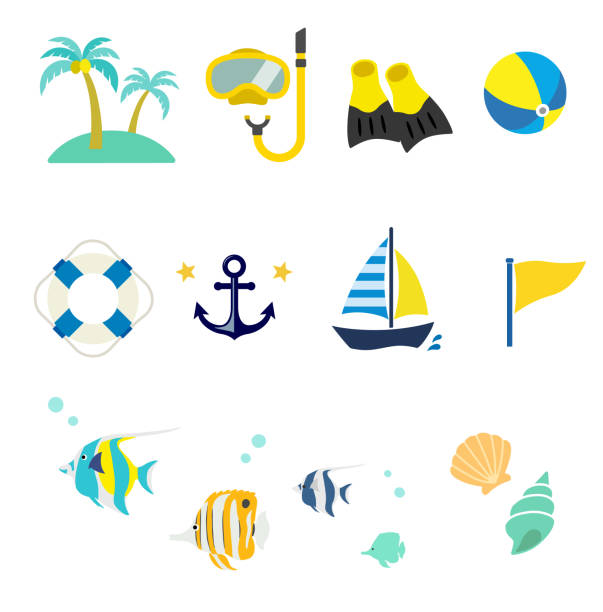 yazlık deniz simgesi seti - seashell illüstrasyonlar stock illustrations