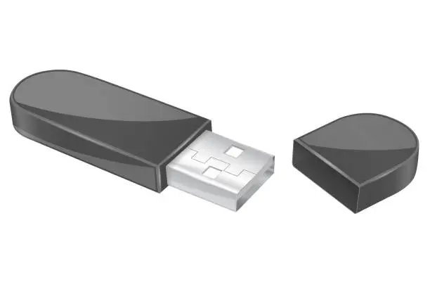 Vector illustration of USB flash drive with cap. Black memory stick