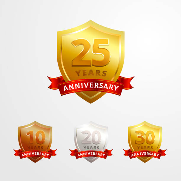 ilustrações de stock, clip art, desenhos animados e ícones de anniversary logo badge vector design. set of shinny golden, silver, bronze shield with ribbon for birthday event celebration - shield bronze gold silver