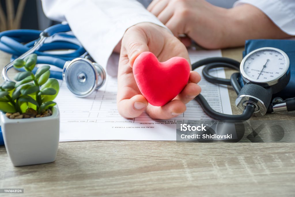 Doctor of internal medicine and cardiologist holding in his hands and shows to patient figure of red card heart during medical consultation. Explanation of causes of heart, diagnosis and treatment Hypertensive Stock Photo