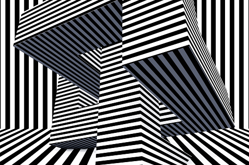 Black and white color 3D rendering of Abstract Psychedelic Striped Lines Background. Architecture concept.