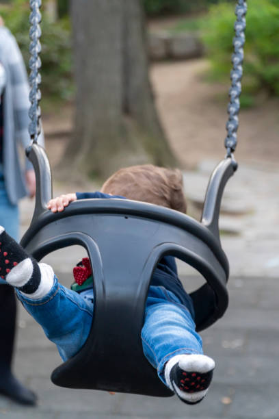 istock Smiling baby boy on a children swing 1141644814