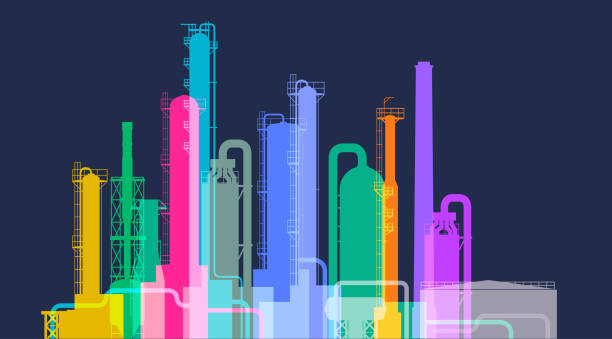 Oil or Gas Refinery Colourful overlayed silhouettes of an Oil Refinery refinery stock illustrations