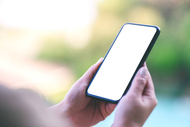 istock Mockup image of woman's hands holding black mobile phone with blank white screen with blurred nature background 1141645163