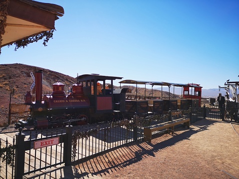 18 october 2018, Yermo, California. USA: mine train in  Calico, a ghost town in San Bernardino County, California, United States. Was founded in 1881 as a silver mining town. Now it is a county park.