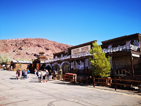 18 october 2018, Yermo, California. USA: View at the main street in the Calico ghost town in the desert of California very close to Nevada. Calico is an old west mining touristic village that has been around since 1881. Image taken during daytime.