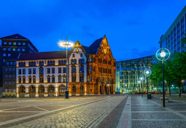 Night view of Friedensplatz in the center of Dortmund, Germany