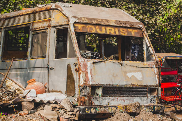 istock An abandoned and demolished tourist bus. 1141646507