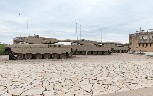 Latrun, Israel, April 06, 2018 : Several Israeli Merkava tanks are on Memorial Site and the Armored Corps Museum in Latrun, Israel