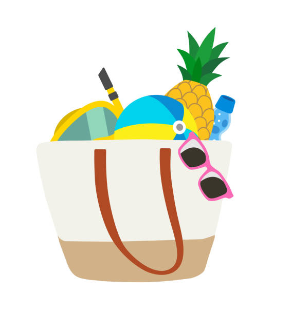 sommerferien und tasche - strandtasche stock-grafiken, -clipart, -cartoons und -symbole