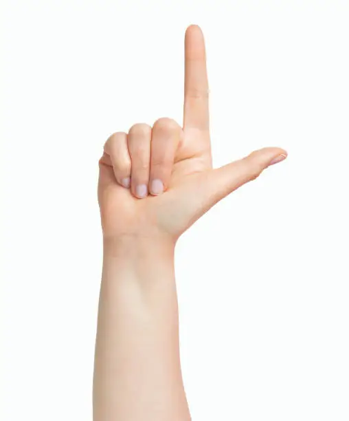Woman hand showing forefinger up and number one sign in a white isolated background