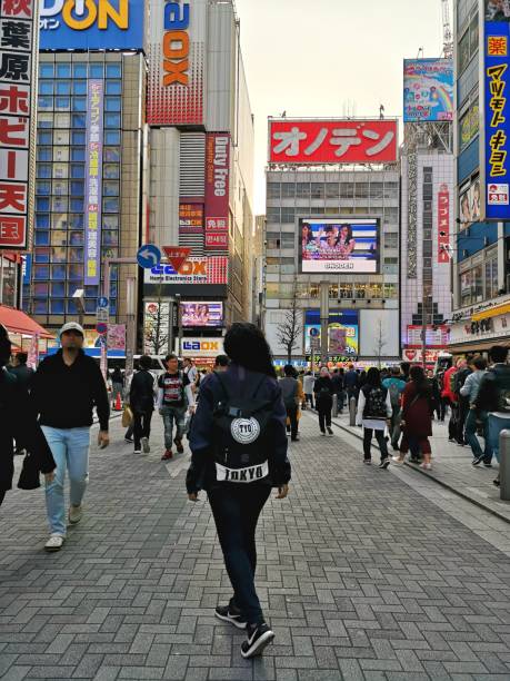 06 april 2019 - Tokyo, Japan:  Tourists below colorful signs in Akihabara. The well known electronics district specializes in the sales of video games, anime, manga, and computer goods.