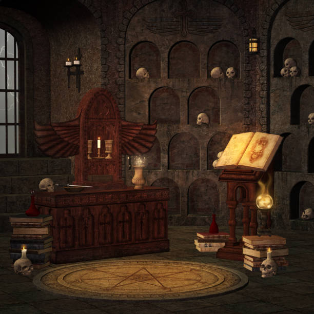 spooky ancient room of the wizard - old laboratory alchemy alchemist imagens e fotografias de stock