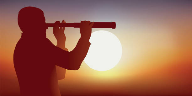 istock Concept of competition and espionage with a man who watches the horizon through a long-view 1141648679