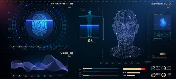 illustrazioni stock, clip art, cartoni animati e icone di tendenza di sistema di identificazione o riconoscimento biometrico della persona. la tecnologia di riconoscimento facciale fingerprint, voice.recognition system concept (authentication). imposta elementi interfaccia utente interfaccia utente interfaccia utente hud. ve - riconoscimento facciale