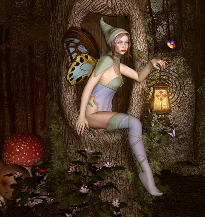 Little elf with a lantern in the fantasy forest – 3D illustration