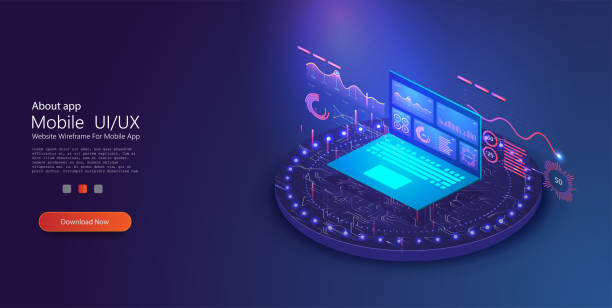 zastosowanie laptopa z wykresem biznesowym i danymi analitycznymi na laptopie izometrycznym . trendy analizy i strategia finansowa przy użyciu wykresu infograficznego. statystyki online i analizy danych. wektor - graph growth chart finance stock illustrations