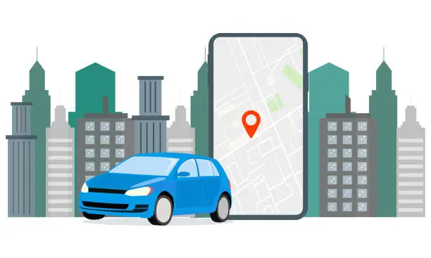 Vector illustration of Banner Illustration Navigation Car Rental. The screen displays GPS data car parking. Use Car Hire for Mobile Services.
