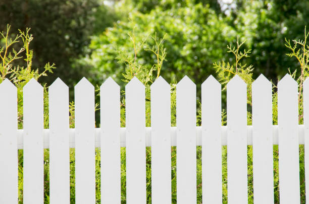 Perfect white picket fence, green garden, trees on blackground. Dream home concept. Perfect white picket fence, green garden, trees on background. Dream home concept. picket fence stock pictures, royalty-free photos & images