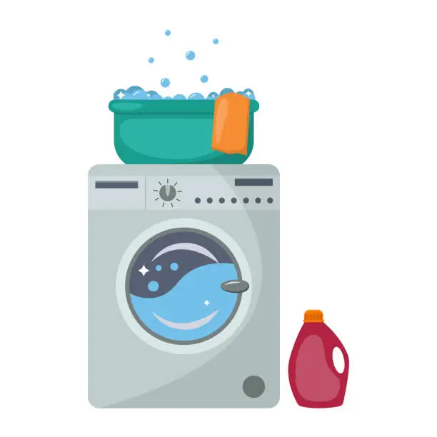 Vector illustration of Washing machine with a wash basin and cleaning stuff.