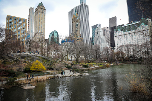 New York, USA - 03 25 2018: New York City Manhattan Central Park people feeding birds on the lake.