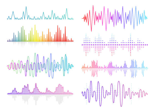 illustrazioni stock, clip art, cartoni animati e icone di tendenza di le onde sonore della musica vettoriale sonore impostate. tecnologia di equalizzatore digitale audio, pannello console, pulse musical - sports activity audio