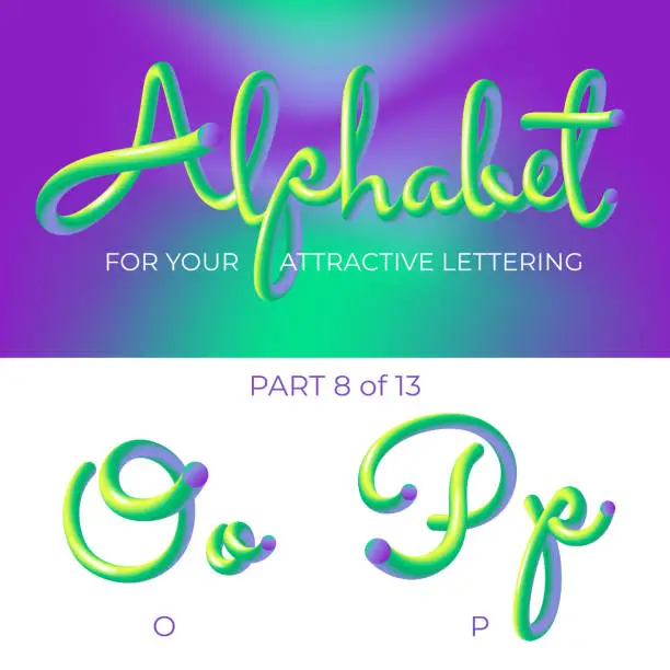 Vector illustration of 3D neon led alphabet font. Logo P letter, O letter with rounded shapes. Matte three-dimensional letters from the tube, rope green and purple.  Tube Hand-Drawn Lettering. Typography for Music Poster, Sale Banner, Advertising. Multicolor Ultraviolet Colors.